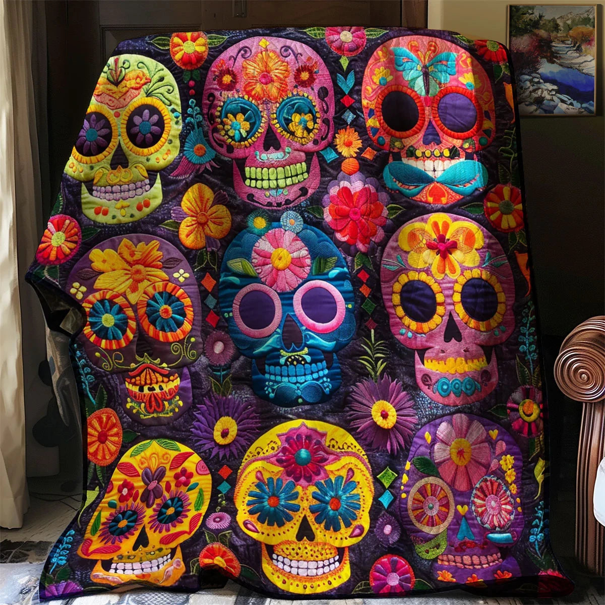Lively Skull Flowers Quilt Blanket