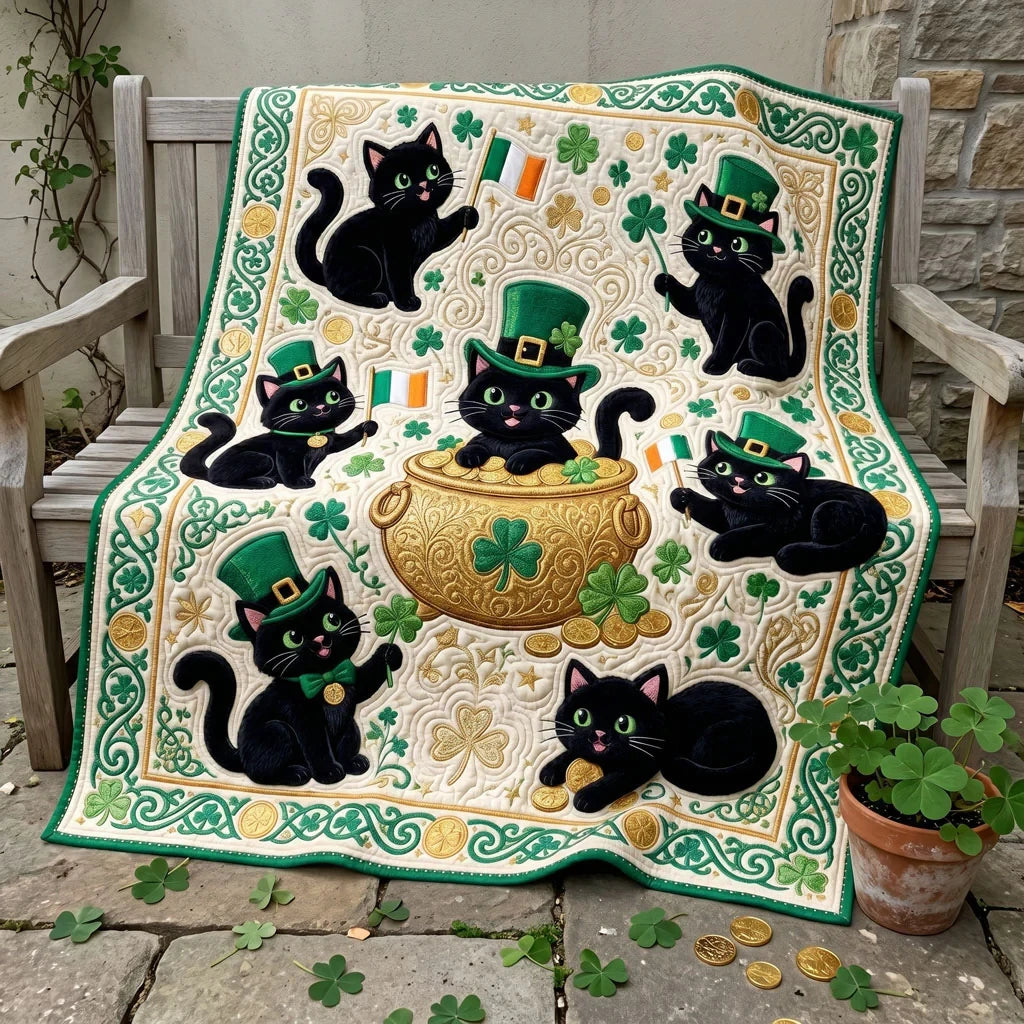 Lucky Black Cats And Gold Pot Quilt Blanket