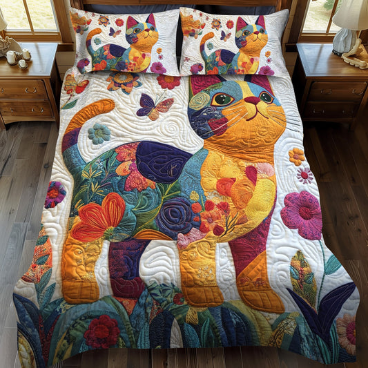 Playful Floral Cats 3-Piece Quilted Bedding Set - Single (59" x 70")