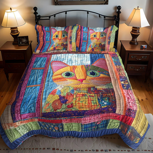 Vibrant Cat Peeking 3-Piece Quilted Bedding Set - Single (59" x 70")