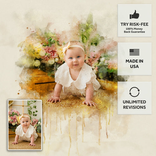 Newborn Baby Watercolor Portrait Custom Wall Art