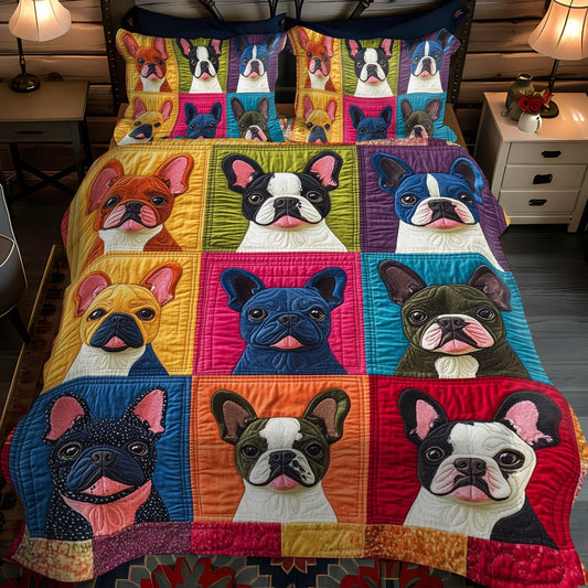 Frenchie Faces Colorful 3-Piece Quilted Bedding Set - Single (59" x 70")