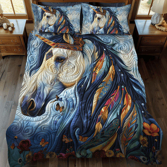 Vibrant Blue Horse 3-Piece Quilted Bedding Set - Single (59" x 70")
