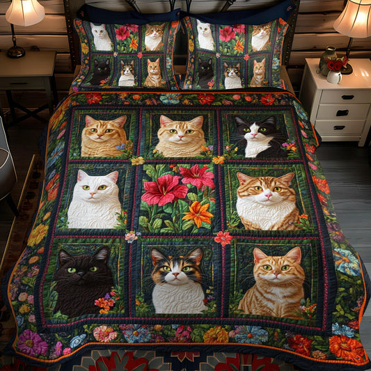 Vibrant Cute Cat 3-Piece Quilted Bedding Set - Single (59" x 70")