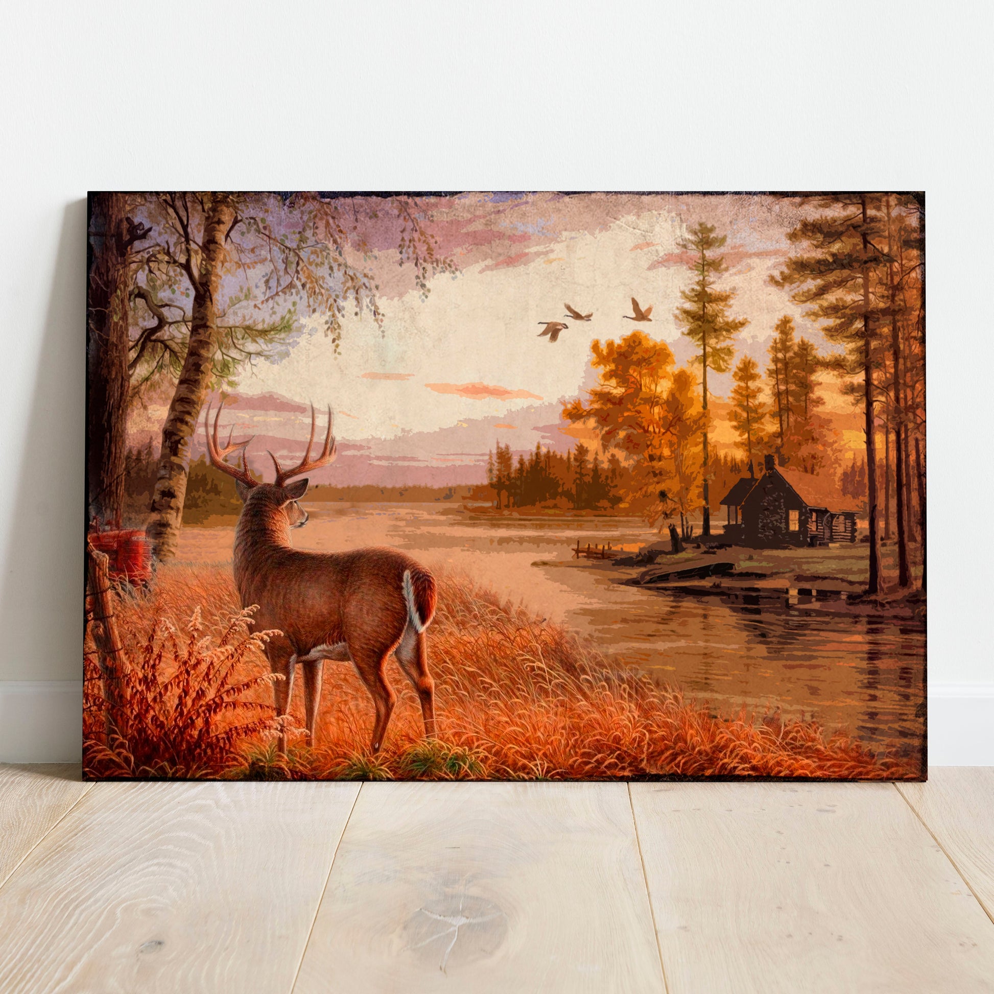Stag By The Lake Canvas Wall Art