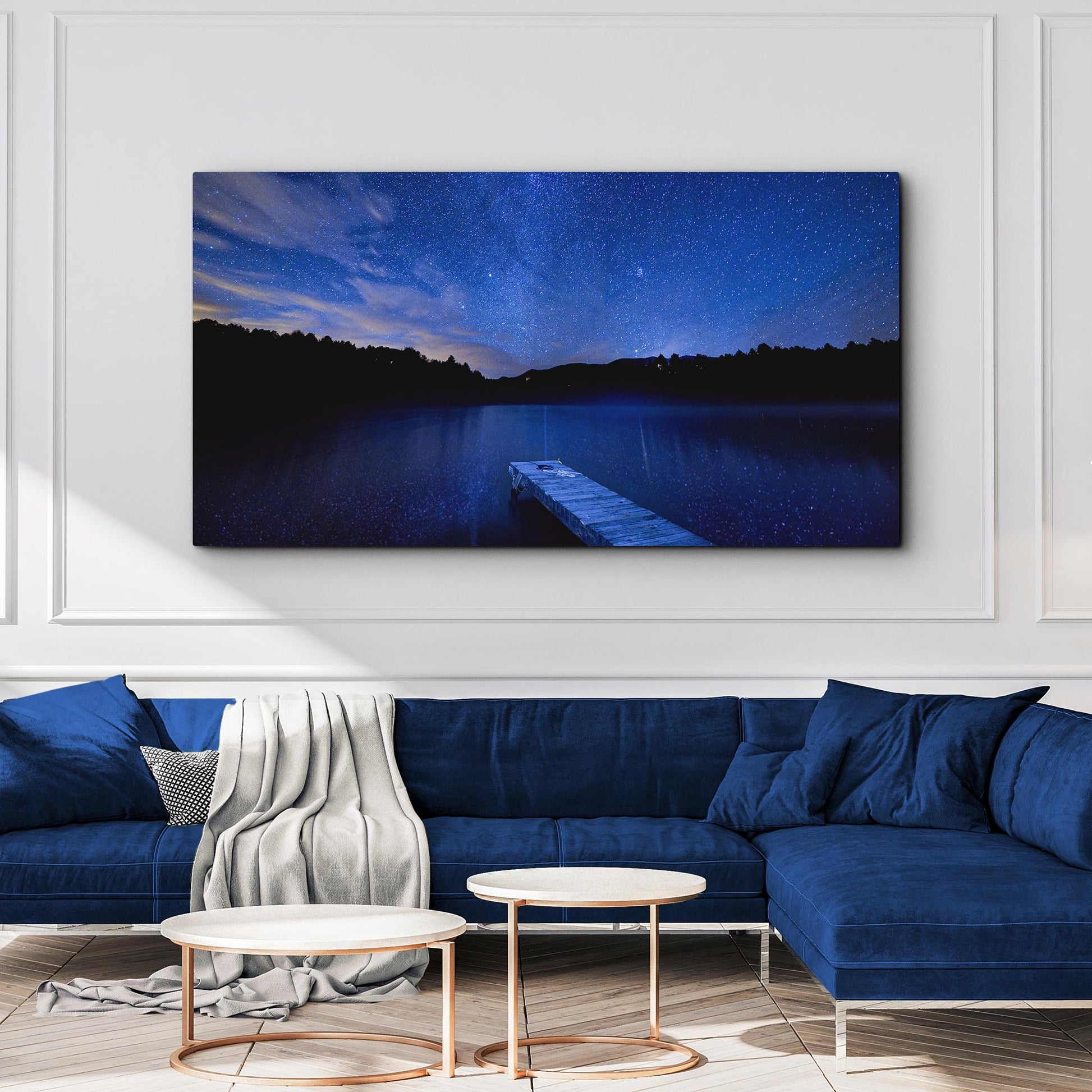 Blue Starry Night Lake Forest Canvas Wall Art