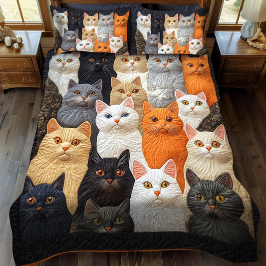 Multicolored Cats 3-Piece Quilted Bedding Set - Single (59" x 70")