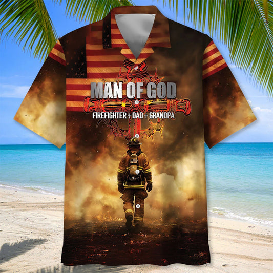 Man of God Firefighter Dad Grandpa Hawaiian Shirt - S - hawaiian shirt