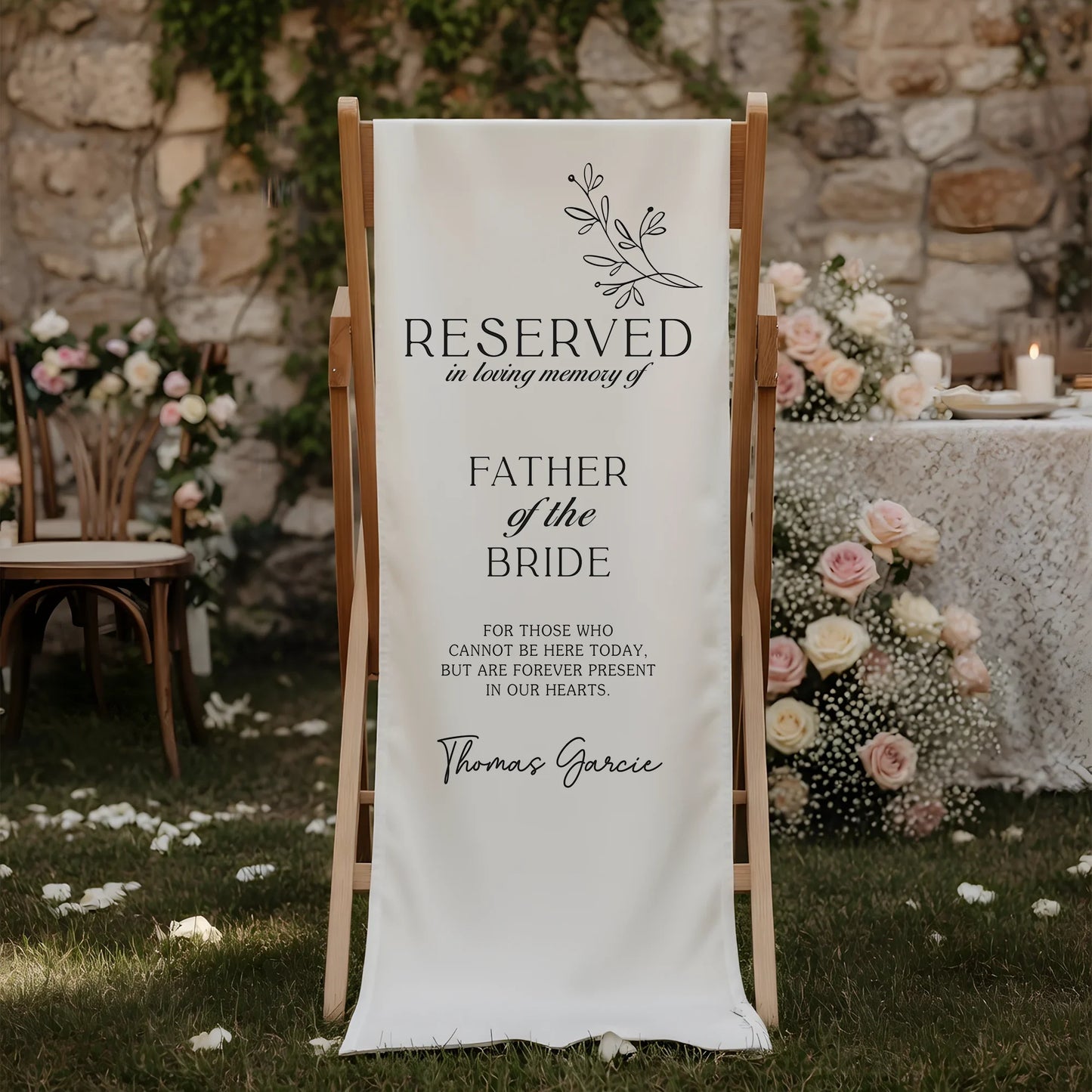 Reserved Father of the Bride Memorial Chair Sign Personalized Wedding Memory Seat Cover, gentle memorial keepsake (view 2)