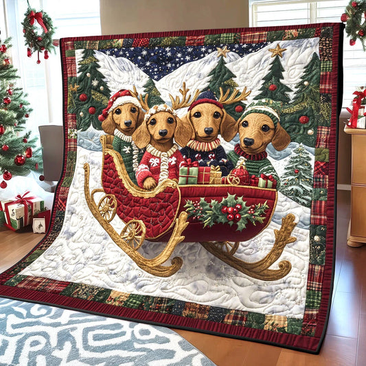 Merry Dachshund Sleigh Quilt Blanket