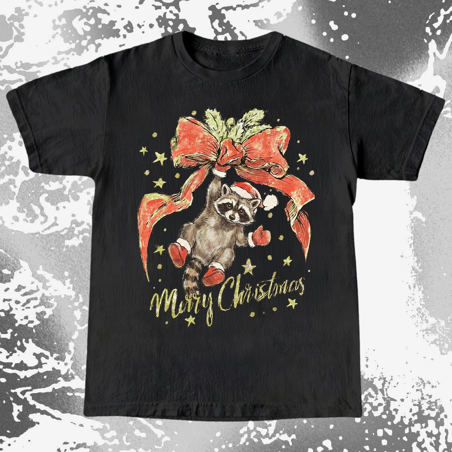 Merry Christmas Raccoon Hanging Bow Shirt, funny meme tee gift (view 4)