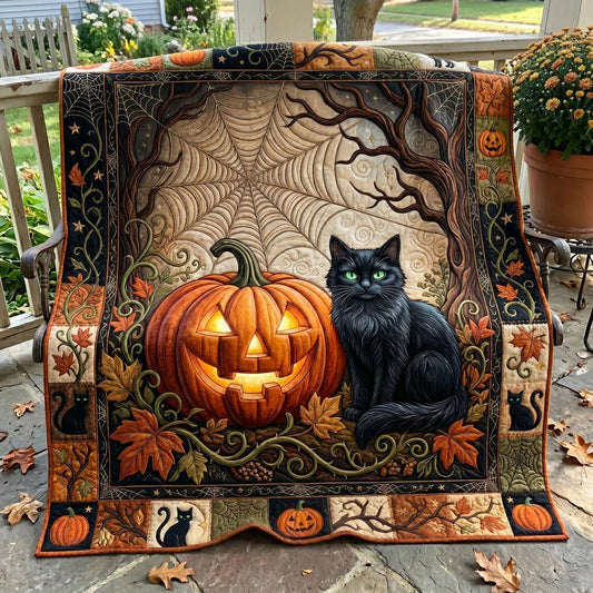 Midnight Pumpkin Cat Quilt Blanket