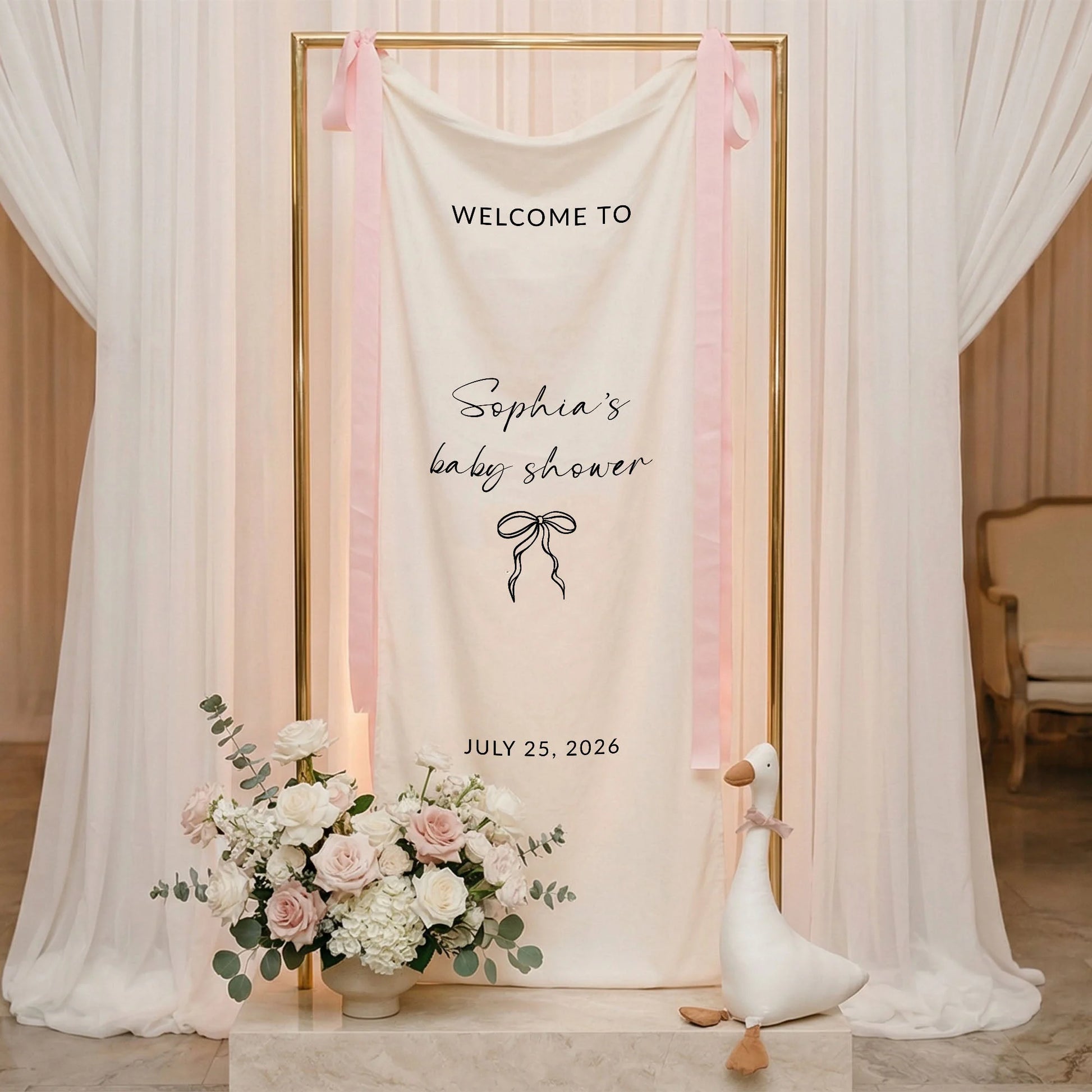 Minimalist Baby Shower Welcome Banner Personalized Custom Name Baby Shower Backdrop Linen Party Sign, baby shower decor