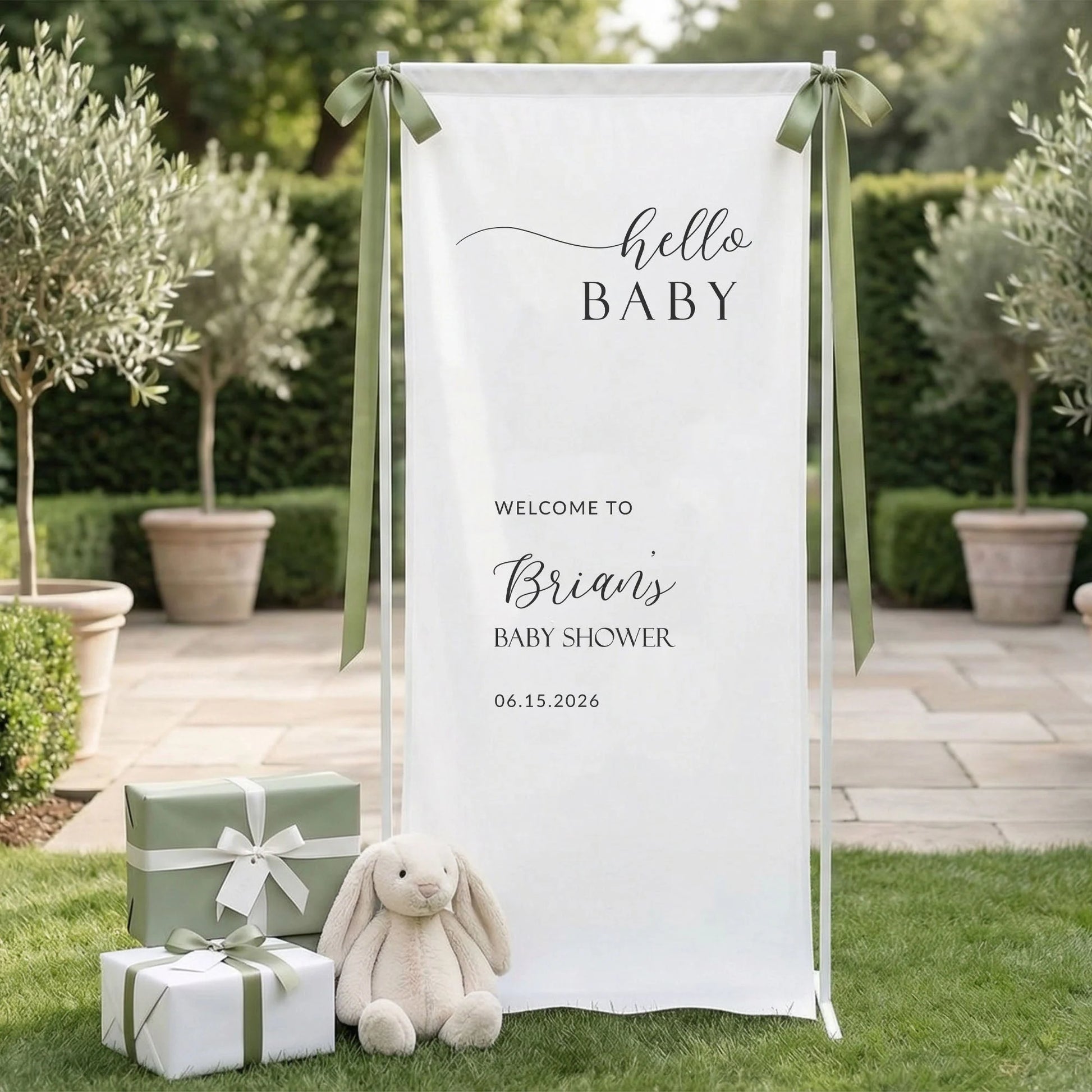 Minimalist Baby Shower Banner Stand Personalized Custom Name Hello Baby Welcome Sign Boy Shower, baby shower decor (view 2)