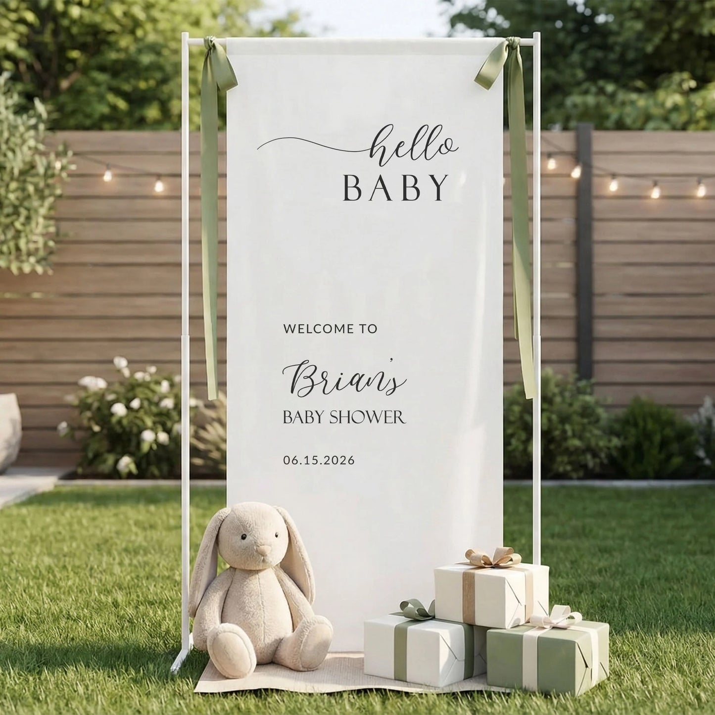 Minimalist Baby Shower Banner Stand Personalized Custom Name Hello Baby Welcome Sign Boy Shower, baby shower decor (view 4)