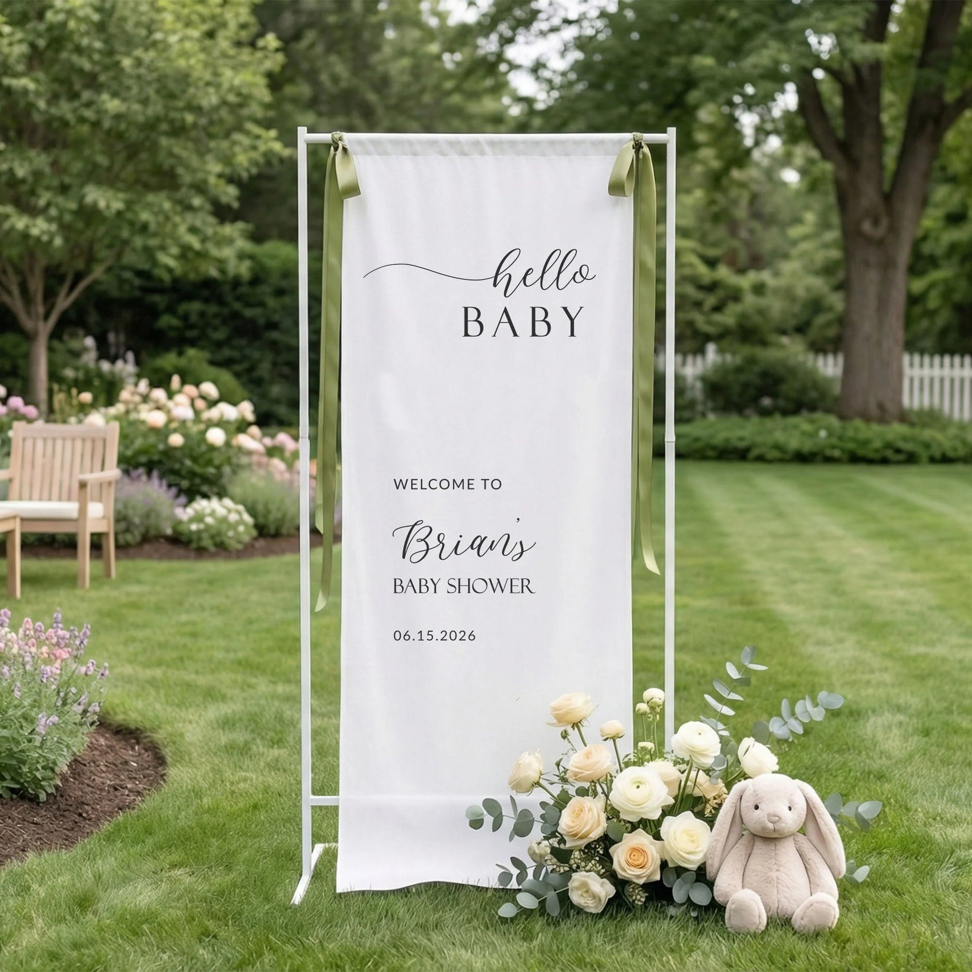 Minimalist Baby Shower Banner Stand Personalized Custom Name Hello Baby Welcome Sign Boy Shower, baby shower decor (view 5)