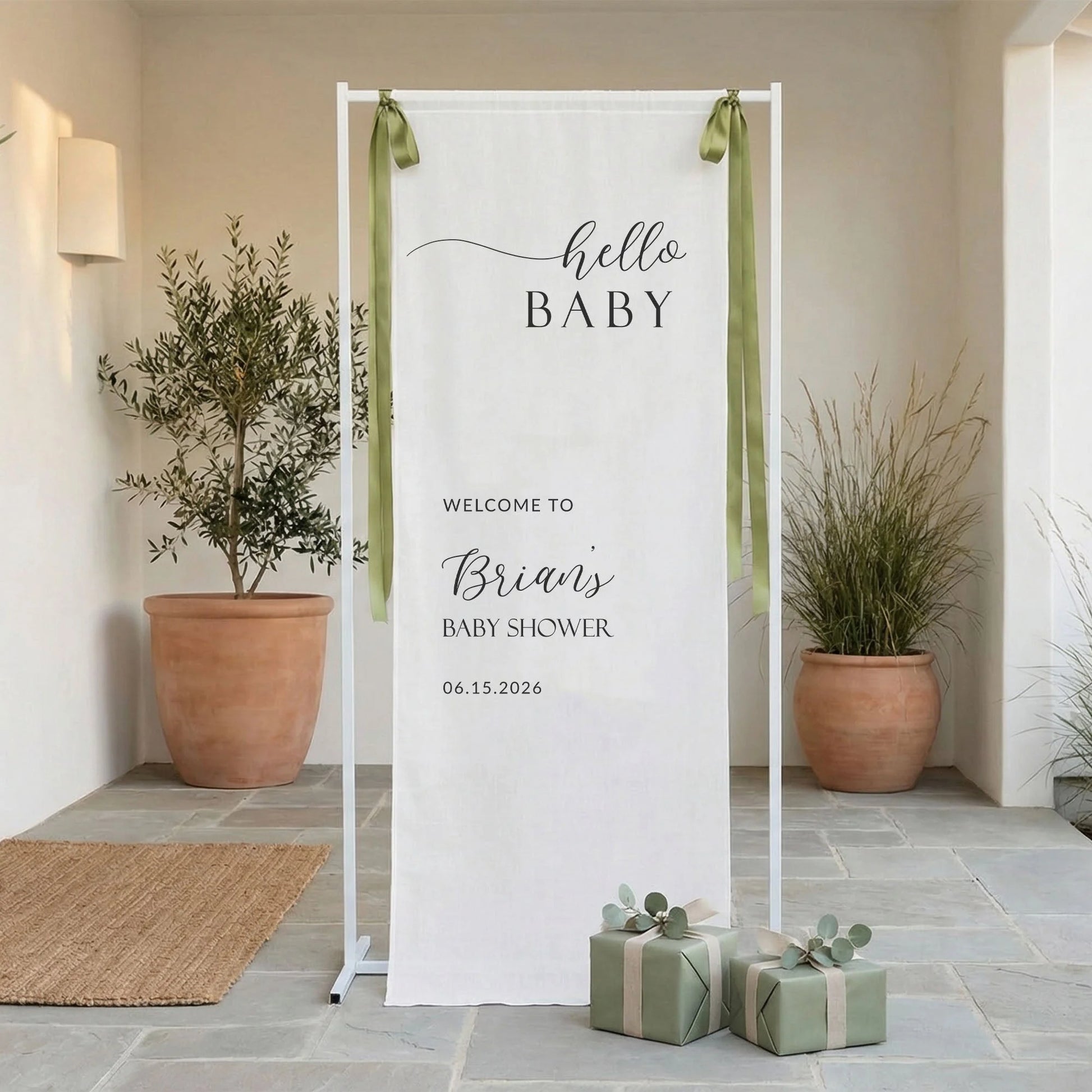 Minimalist Baby Shower Banner Stand Personalized Custom Name Hello Baby Welcome Sign Boy Shower, baby shower decor (view 6)