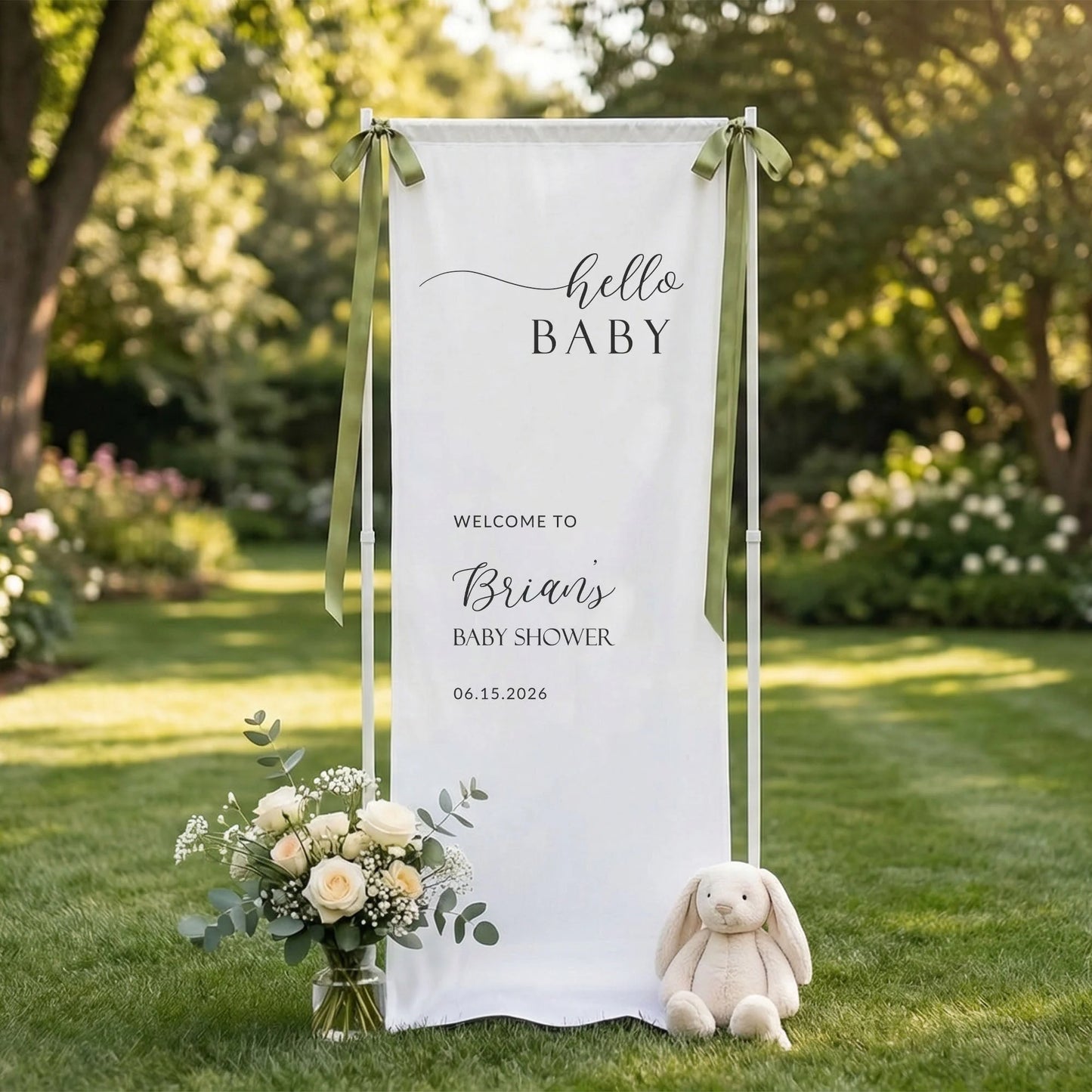 Minimalist Baby Shower Banner Stand Personalized Custom Name Hello Baby Welcome Sign Boy Shower, baby shower decor (view 7)