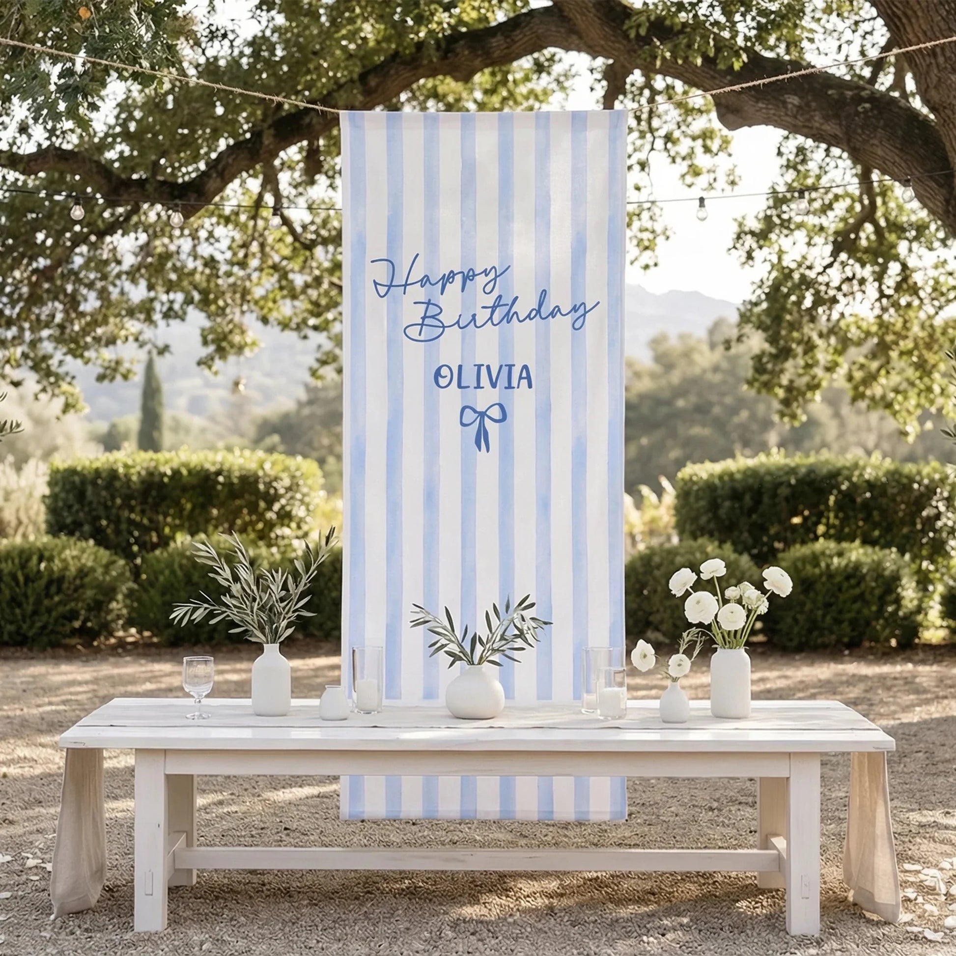 Striped Birthday Tapestry Personalized Custom Name Blue Stripe Birthday Banner Minimalist Party Decor, personalized birthd...