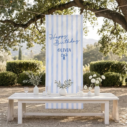 Striped Birthday Tapestry Personalized Custom Name Blue Stripe Birthday Banner Minimalist Party Decor, personalized birthd...