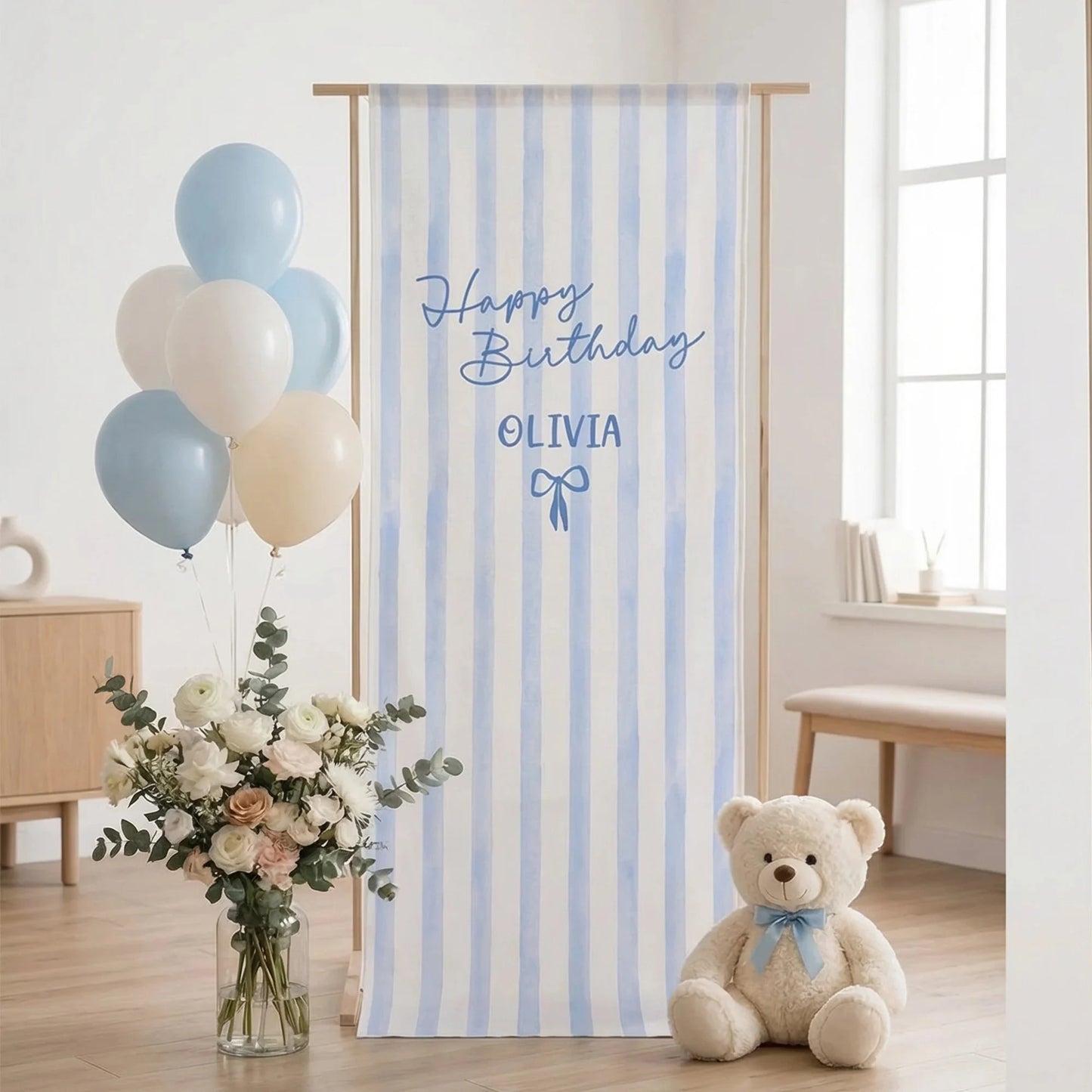 Striped Birthday Tapestry Personalized Custom Name Blue Stripe Birthday Banner Minimalist Party Decor, personalized birthd...