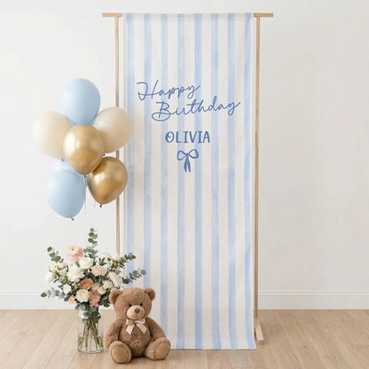 Striped Birthday Tapestry Personalized Custom Name Blue Stripe Birthday Banner Minimalist Party Decor, personalized birthd...