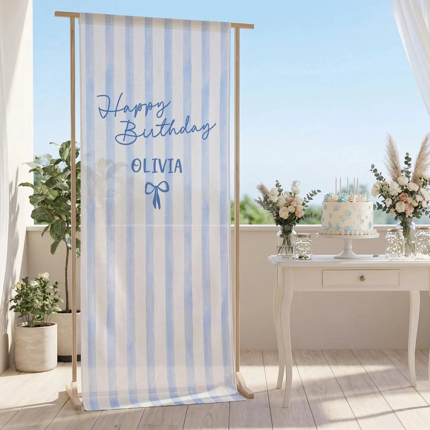 Striped Birthday Tapestry Personalized Custom Name Blue Stripe Birthday Banner Minimalist Party Decor, personalized birthd...
