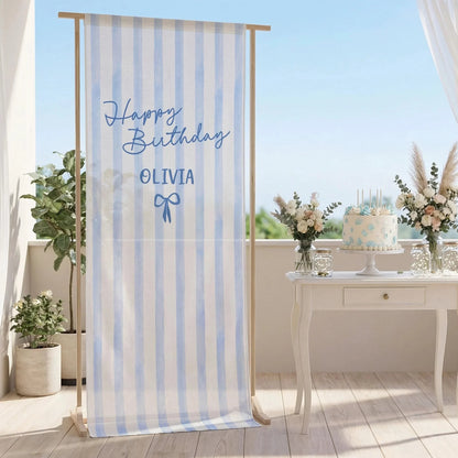 Striped Birthday Tapestry Personalized Custom Name Blue Stripe Birthday Banner Minimalist Party Decor, personalized birthd...