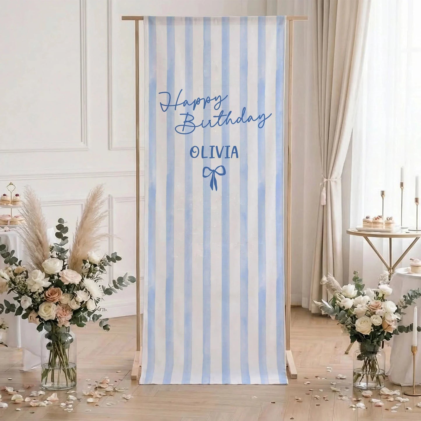 Striped Birthday Tapestry Personalized Custom Name Blue Stripe Birthday Banner Minimalist Party Decor, personalized birthd...