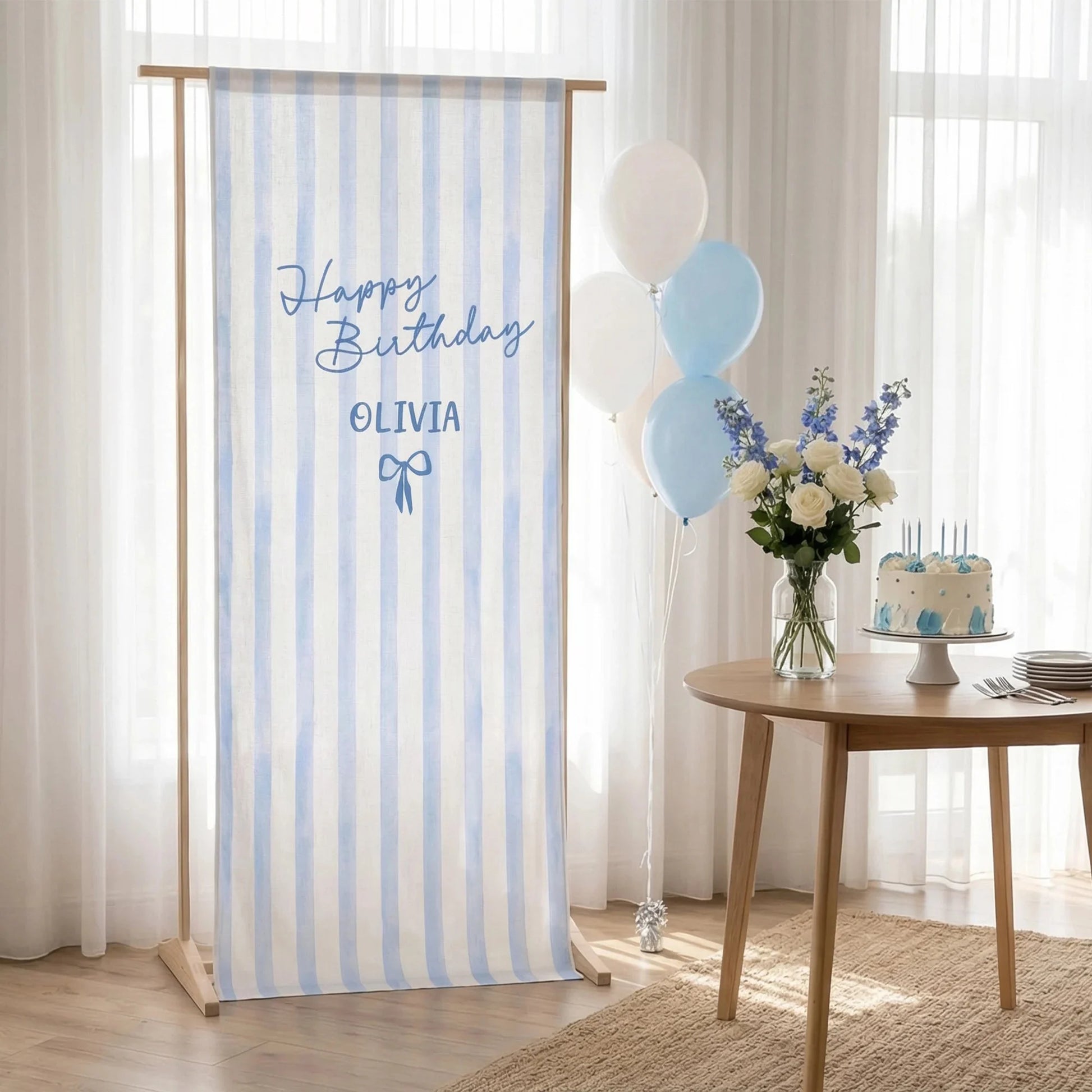 Striped Birthday Tapestry Personalized Custom Name Blue Stripe Birthday Banner Minimalist Party Decor, personalized birthd...