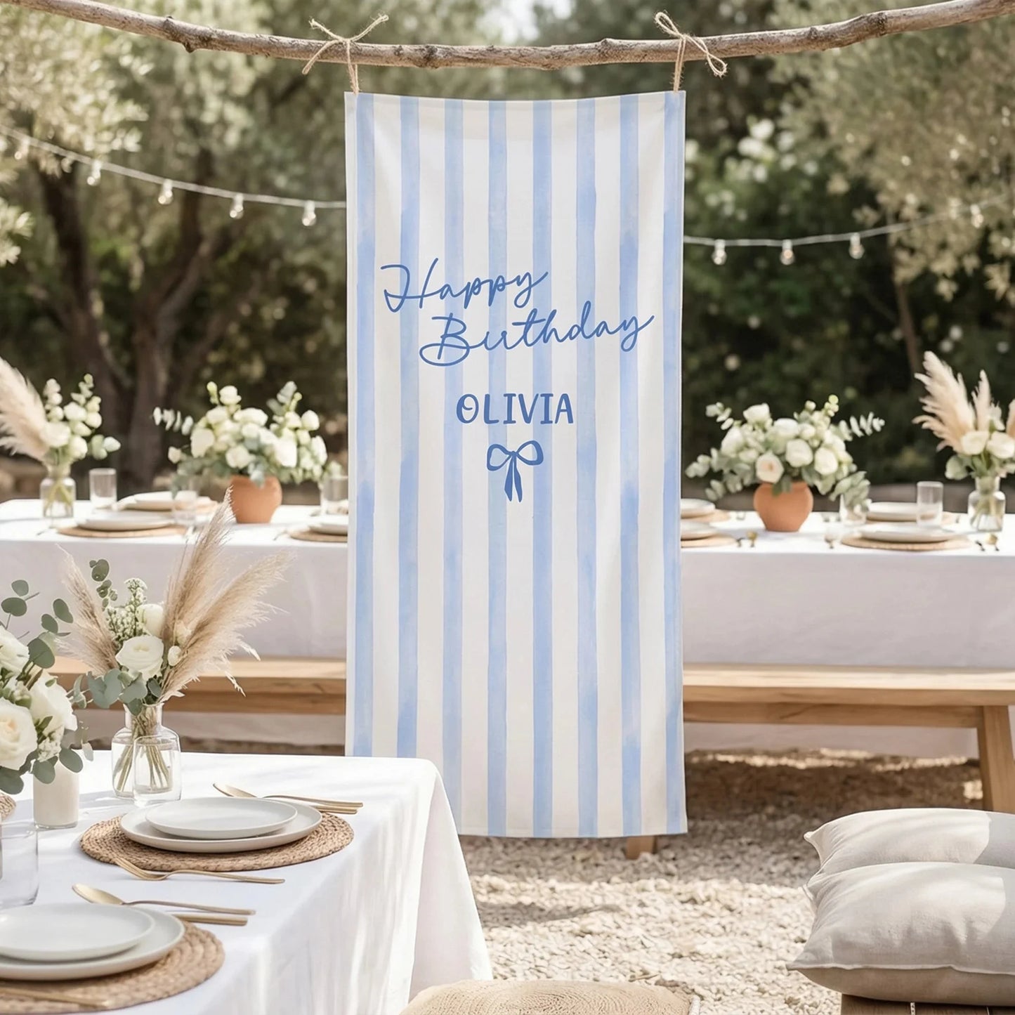 Striped Birthday Tapestry Personalized Custom Name Blue Stripe Birthday Banner Minimalist Party Decor, personalized birthd...