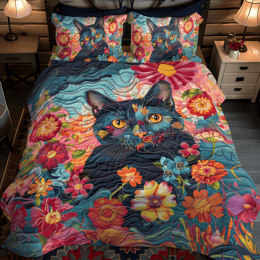 Playful Floral Cats 3-Piece Quilted Bedding Set - Single (59" x 70")