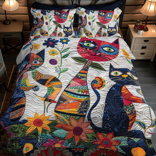 Playful Cats In The Garden 3-Piece Quilted Bedding Set - Single (59" x 70")