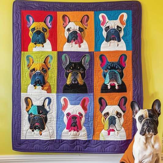 Frenchie Faces Colorful Quilted Blanket - Throw (55" x 60")