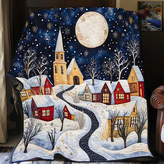 Moonlit Snow Village Quilt Blanket