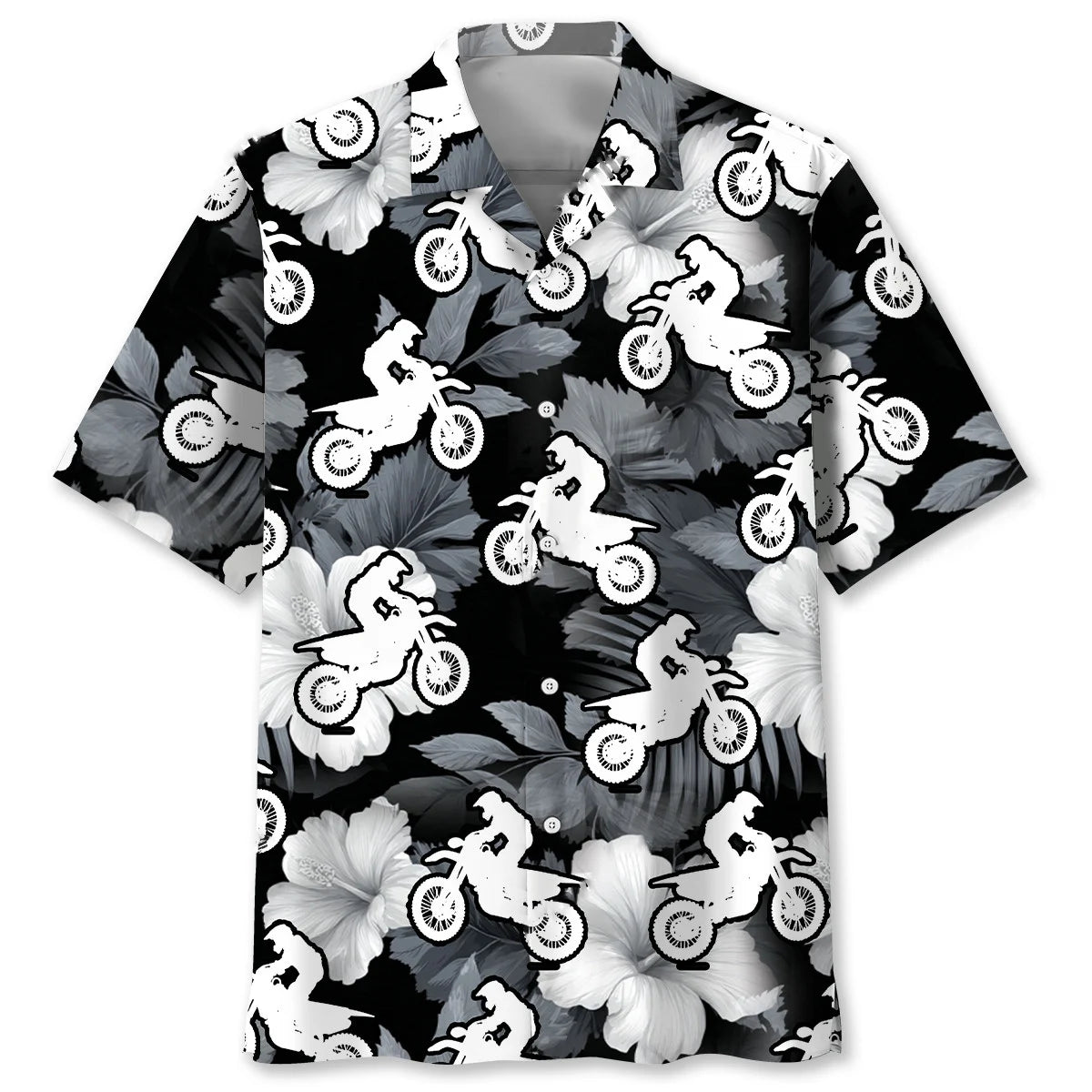 Motocross Black White Hibiscus Hawaiian Shirt