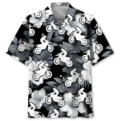 Motocross Black White Hibiscus Hawaiian Shirt