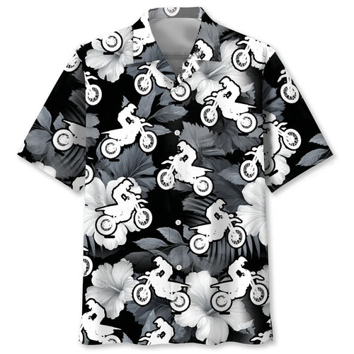 Motocross Black White Hibiscus Hawaiian Shirt