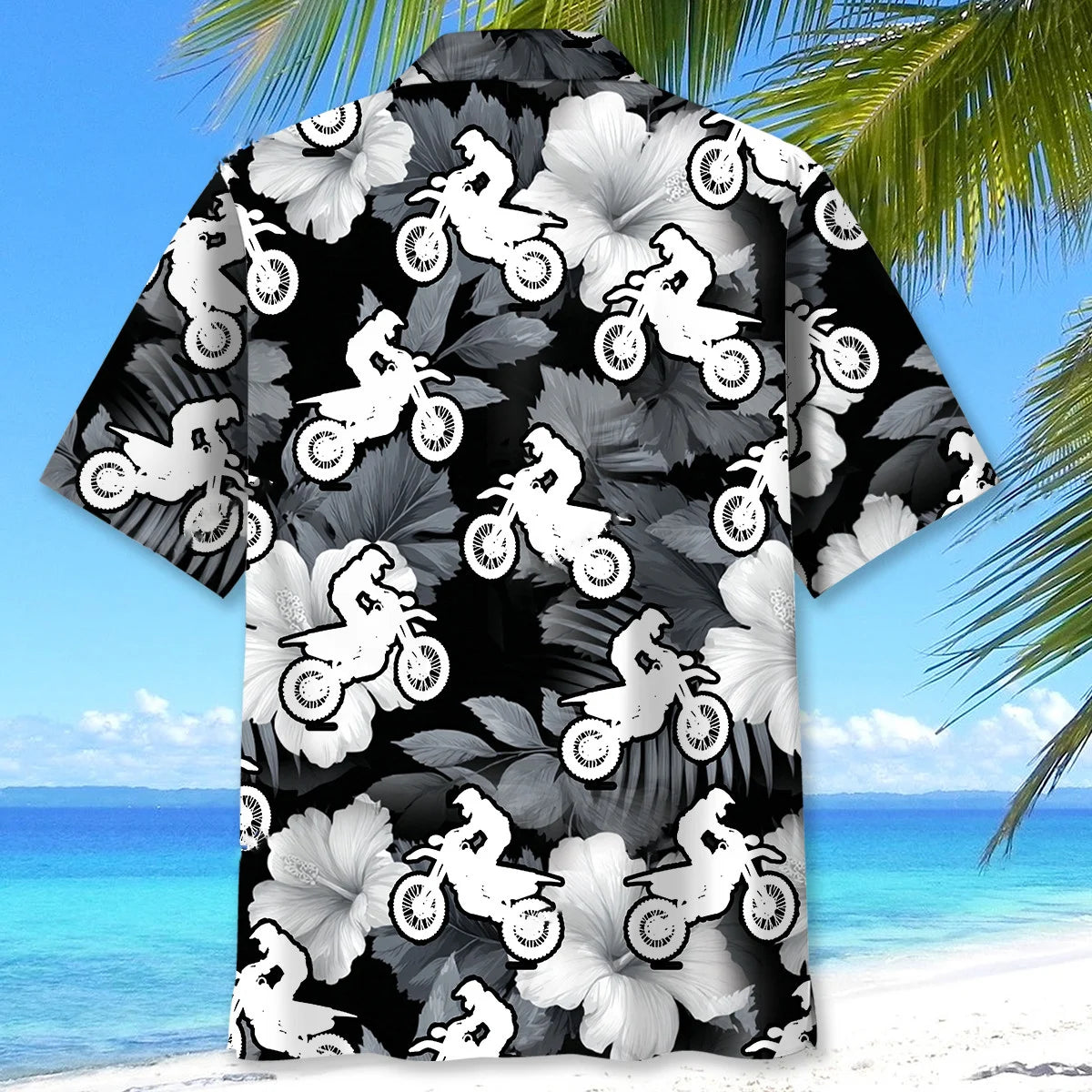 Motocross Black White Hibiscus Hawaiian Shirt