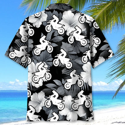 Motocross Black White Hibiscus Hawaiian Shirt