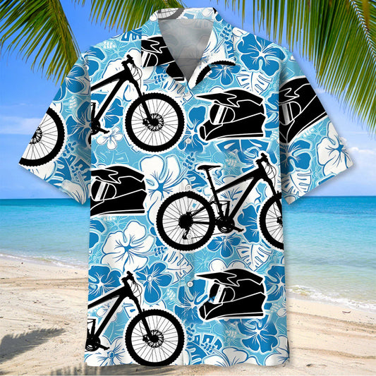 Mountain Bike Blue White Hibicus Hawaiian Shirt - S - hawaiian shirt