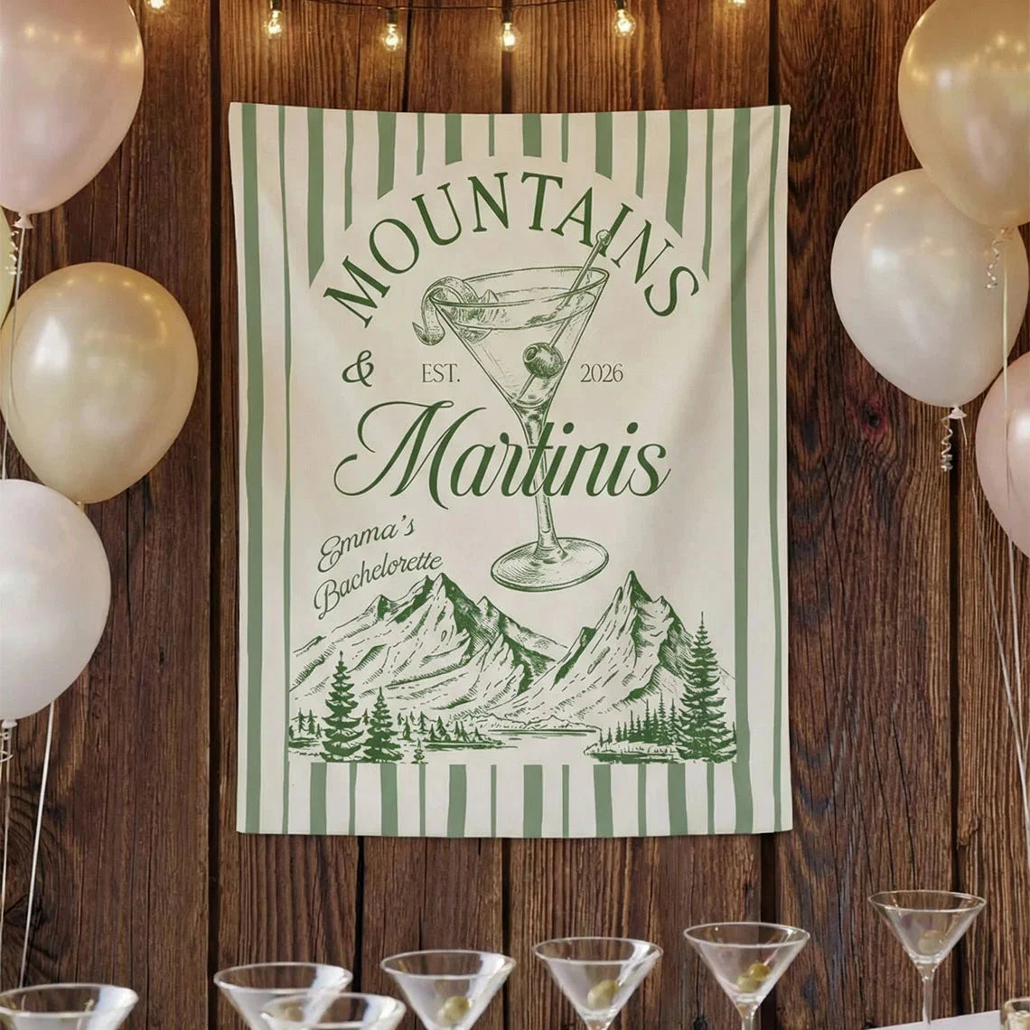 Mountains and Martinis Bachelorette Banner Personalized Mountain Bachelorette Party Backdrop Custom Name Banner (view 3)