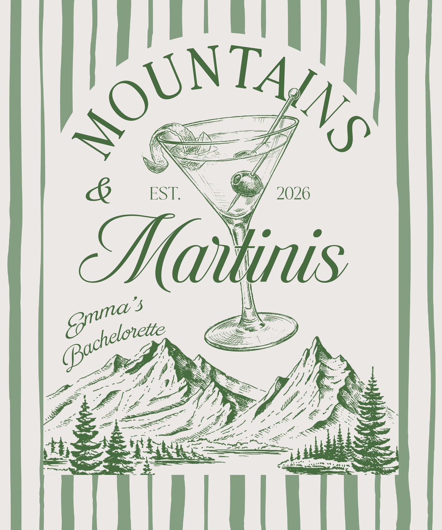 Mountains and Martinis Bachelorette Banner Personalized Mountain Bachelorette Party Backdrop Custom Name Banner (view 4)