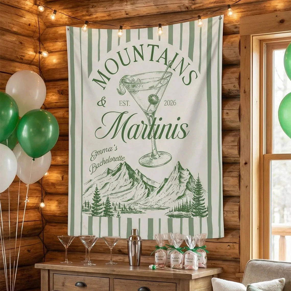 Mountains and Martinis Bachelorette Banner Personalized Mountain Bachelorette Party Backdrop Custom Name Banner (view 5)