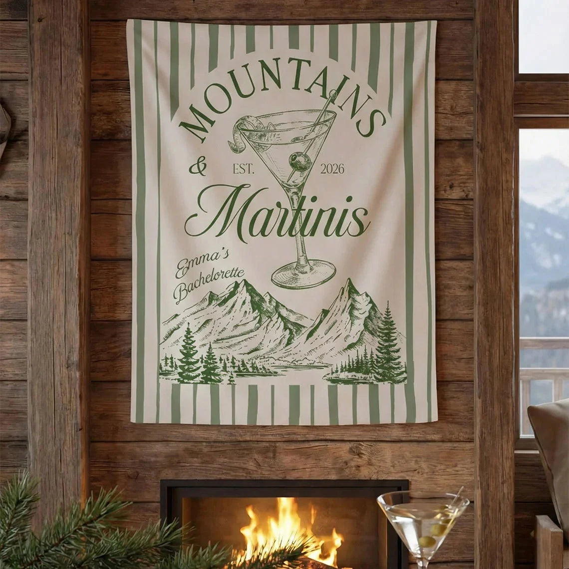 Mountains and Martinis Bachelorette Banner Personalized Mountain Bachelorette Party Backdrop Custom Name Banner (view 7)