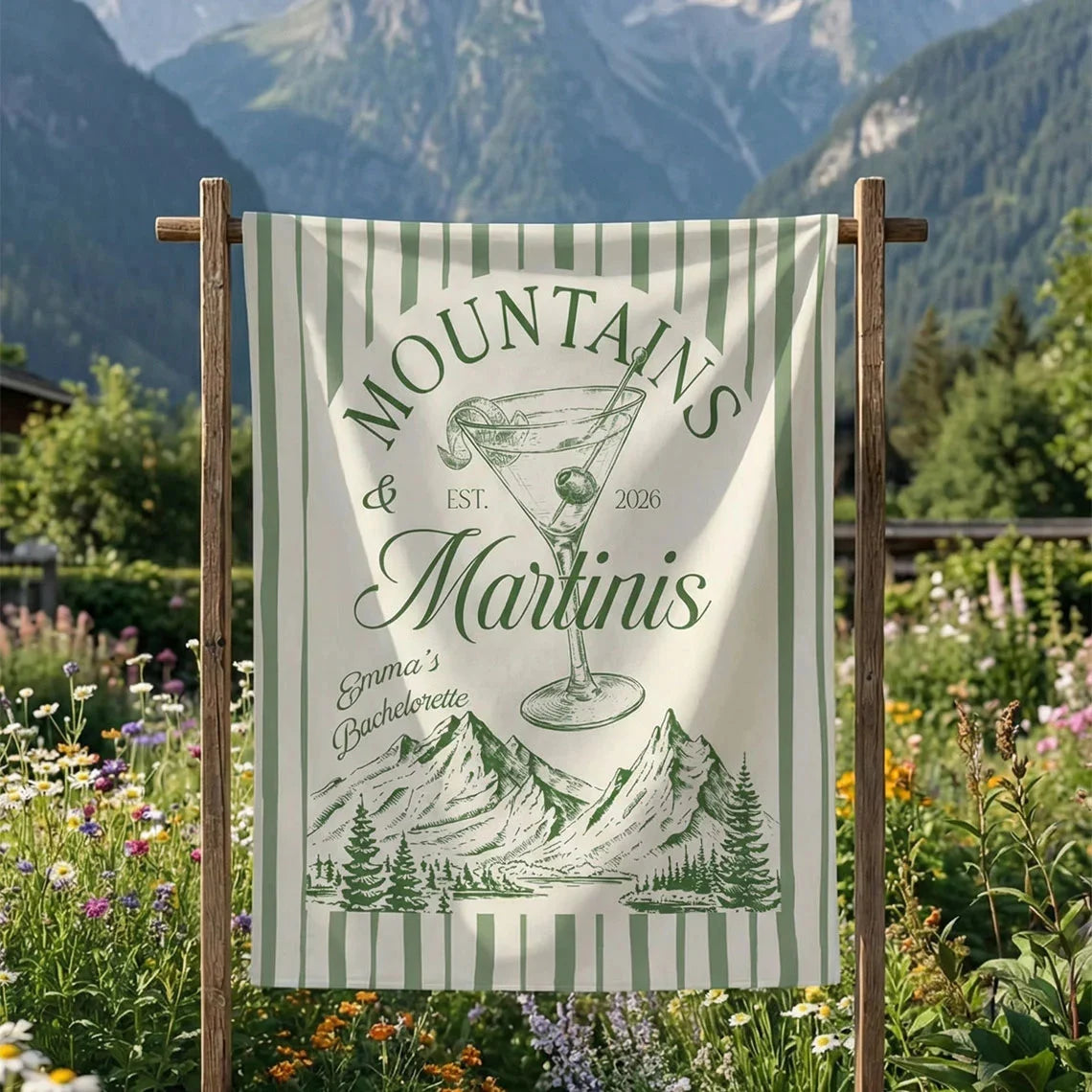 Mountains and Martinis Bachelorette Banner Personalized Mountain Bachelorette Party Backdrop Custom Name Banner (view 8)