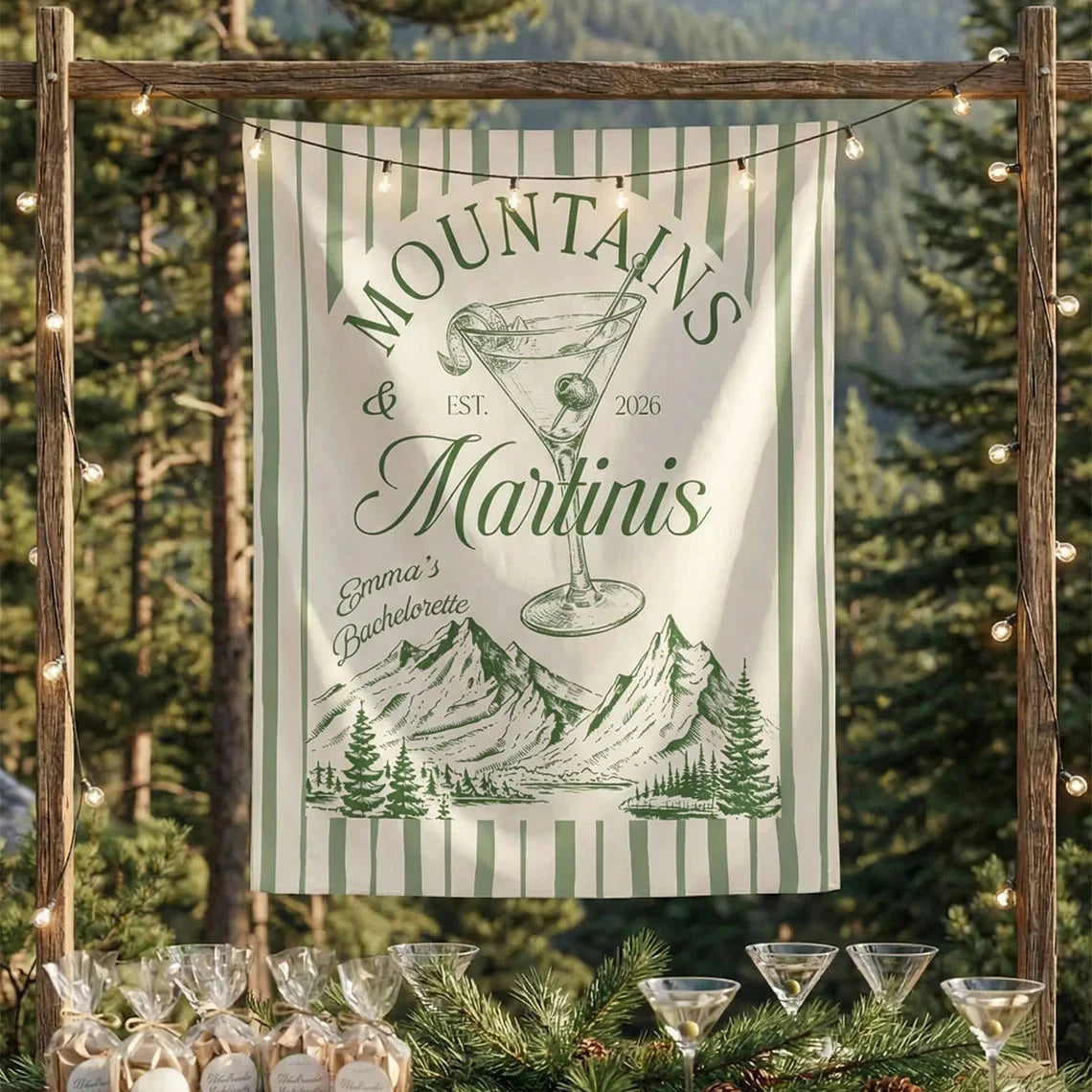 Mountains and Martinis Bachelorette Banner Personalized Mountain Bachelorette Party Backdrop Custom Name Banner (view 9)