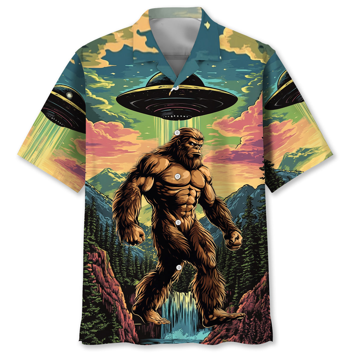 Muscle Bigfoot Hiking Ufo Hawaiian Shirt - S - hawaiian shirt