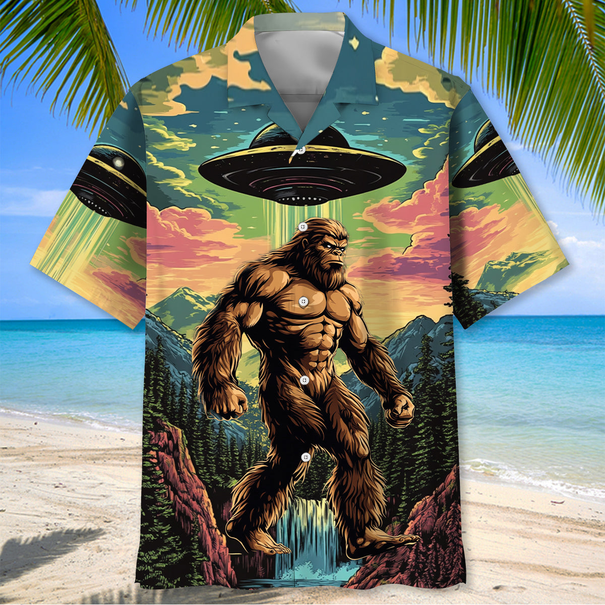 Muscle Bigfoot Hiking Ufo Hawaiian Shirt - L - hawaiian shirt