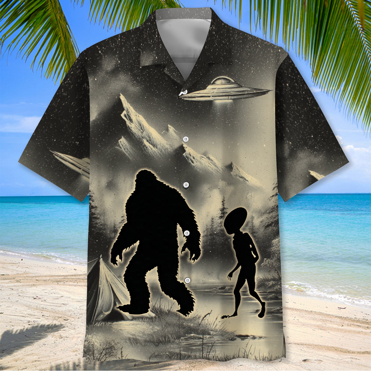 Mysterious Bigfoot and Alien at Campsite Hawaiian - M - hawaiian shirt